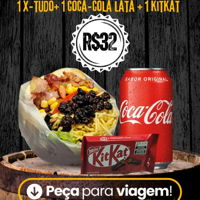 1 X-TUDO + REFRI LATA+KITKAT CHOCOLATE