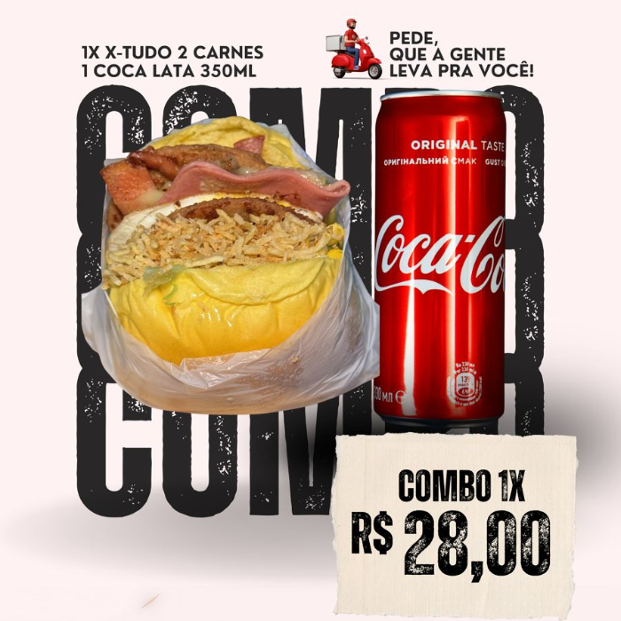 1 X TUDO 2 CARNES + COCA LATA 350ML + BATATA 100G