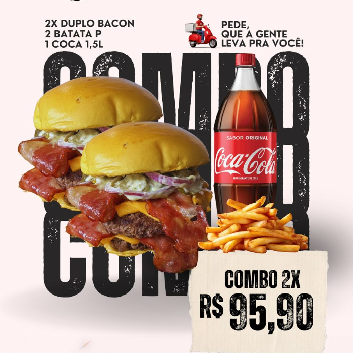 2 DUPLO BACON, 2 BATATA 100 GR + 1 COCA 1,5