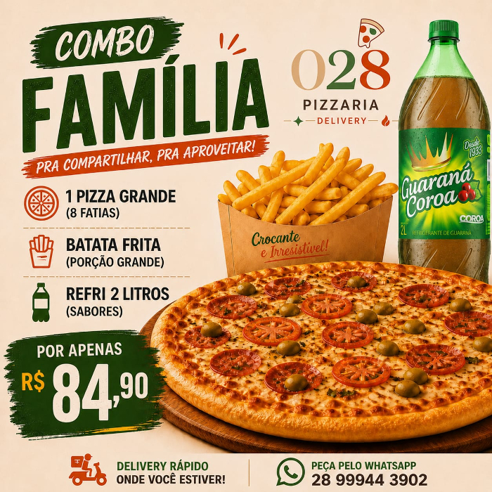 COMBO FAMÍLIA 028 TRADICIONAL + BATATA FRITA + REFRIGERANTE COROA 2L GRÁTIS