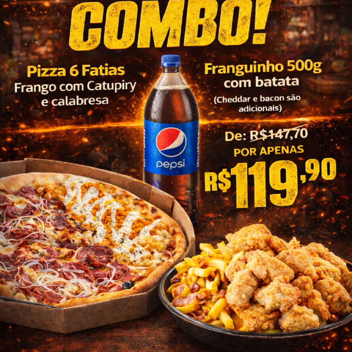 COMBO PIZZA 6 FATIAS + FRANGUITO 500G + 250G BATATA + REFRI 1,5L