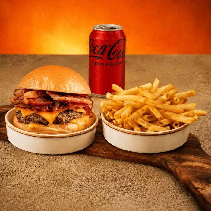 COMBO PRA VOCÊ: 1 CHEESE BACON, 1 LATA DE REFRI E BATATA FRITA