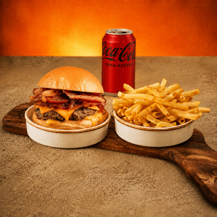 COMBO PRA VOCÊ: 1 CHEESE BACON, 1 LATA DE REFRI E BATATA FRITA