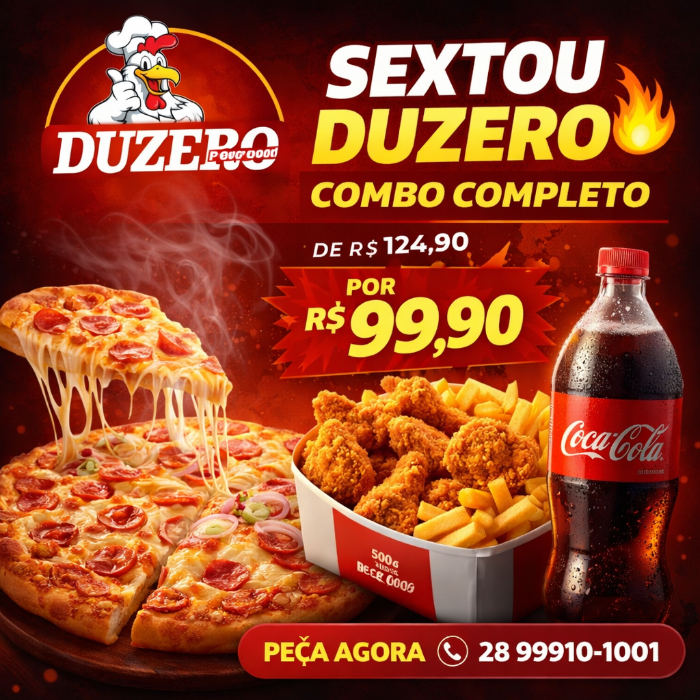 COMBO SEXTOU DUZERO - PIZZA 8 FATIAS + MIX DE 500GR DE FRANQUINHO + COCA 1,5 L