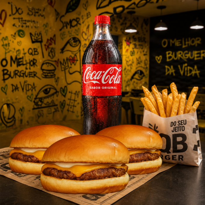 COMBO TRIO BLACK BURGER - 3 BLACK BURGER, 1 COCA-COLA 1L, 1 BATATA-FRITA P