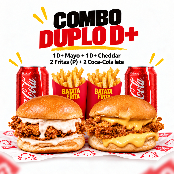 COMBO DUPLO D+( 1 D+MAYO + 1 D+ CHEDDAR + 2 COCA LATA+ 2 BATATA PQ)