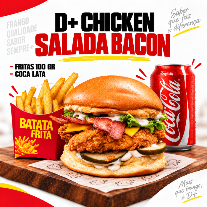 COMBO D+ CHICKEN SALADA BACON + BATATA FRITA PQ + COCA LATA