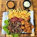 CONTRA FILÉ 200G, BATATA 200G, FRANGO 200G E CALABRESA.